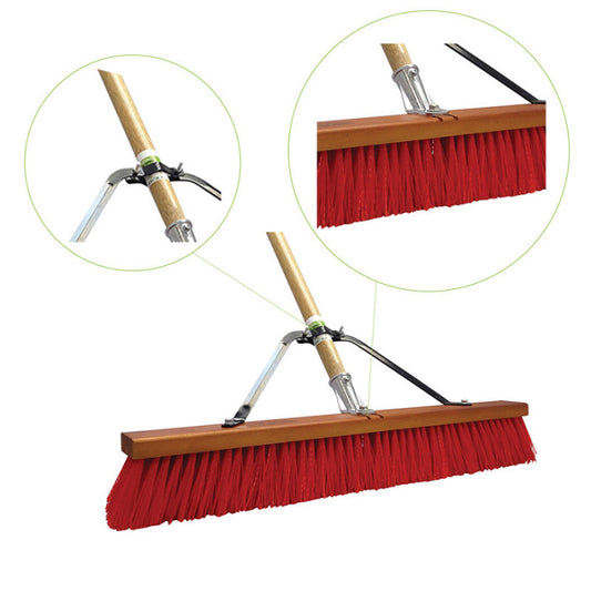 Representative product-type reference photo. Handle-support braces are shown installed on an ABCO broom to illustrate their use. This listing supplies the black handle brace set only; the broom head and handle are not included. Pictured style and finish may differ. Listed item: ABCO Handle Brace Set Black 1 / ea. The listing's written specifications and quantity apply.