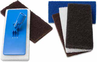 Reference image only; actual product specifications and packaging may vary. ACS 3-piece Utility Pad & Holder Kit 1-holder, 1-brown pad, 1-white pad 1 / cs