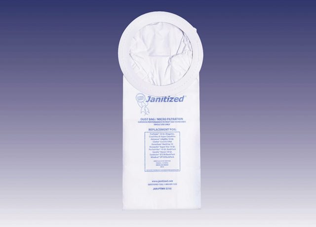 Reference image: Janitized replacement vacuum filter bag family photo showing model JAN-PTMV-2. Shape, collar, dimensions, material, layer count and printing may differ from the listed model. The photo does not establish fit or compatibility. Supplied model, compatibility and quantity are as listed above.