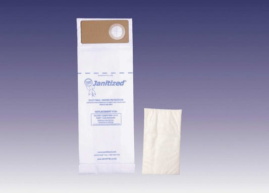 Reference image: Manufacturer photo of Janitized JAN-NFCPTW-2 filter bag and prefilter family. Display quantity is illustrative; the supplied bag and prefilter quantities are as listed above.