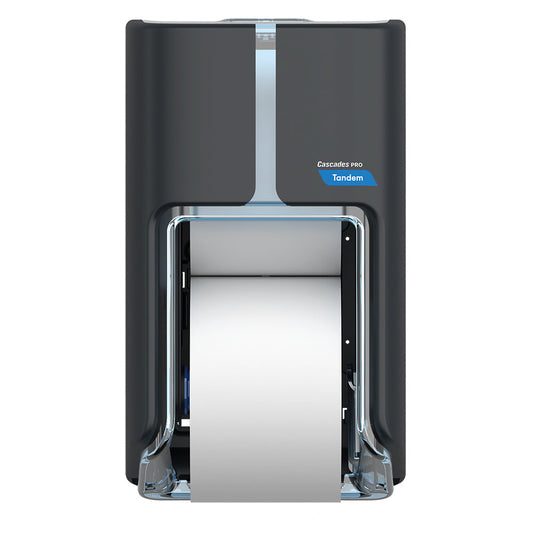 Cascades PRO Tandem Toilet Paper Dispenser Dark Gray 1 / cs — Reference photo supplied by Cascades PRO for this product family. Pictured size, sheet format, color, packaging and quantity may differ. Paper shown in dispensers and display accessories are not included unless listed. Refer to this listing for supplied specifications.