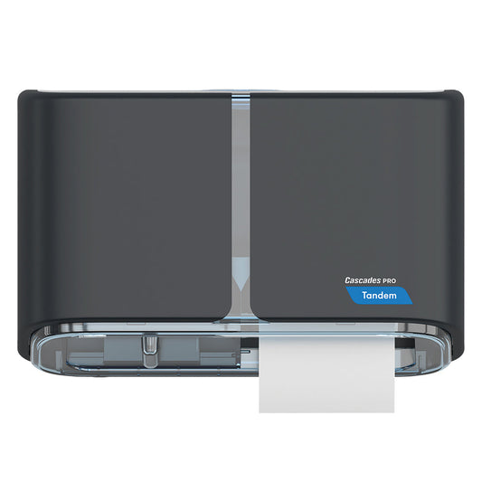Cascades PRO Tandem Toilet Paper Dispenser Dark Gray, 6.6" x 12.5" x 7.2" 1 / cs — Reference photo supplied by Cascades PRO for this product family. Pictured size, sheet format, color, packaging and quantity may differ. Paper shown in dispensers and display accessories are not included unless listed. Refer to this listing for supplied specifications.