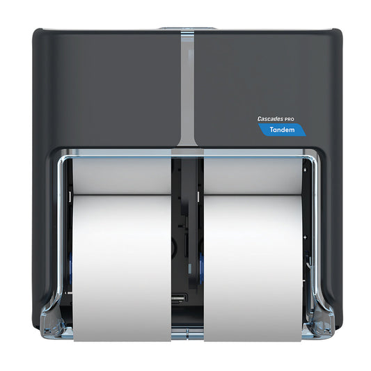 Cascades PRO Tandem Toilet Paper Dispenser Dark Gray, 6.6" x 12.6" x 12" 1 / cs — Reference photo supplied by Cascades PRO for this product family. Pictured size, sheet format, color, packaging and quantity may differ. Paper shown in dispensers and display accessories are not included unless listed. Refer to this listing for supplied specifications.