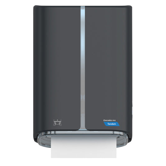 Cascades PRO Tandem Roll Towel Dispenser Dark Gray Mechanical No-Touch 1 / cs — Reference photo supplied by Cascades PRO for this product family. Pictured size, sheet format, color, packaging and quantity may differ. Paper shown in dispensers and display accessories are not included unless listed. Refer to this listing for supplied specifications.