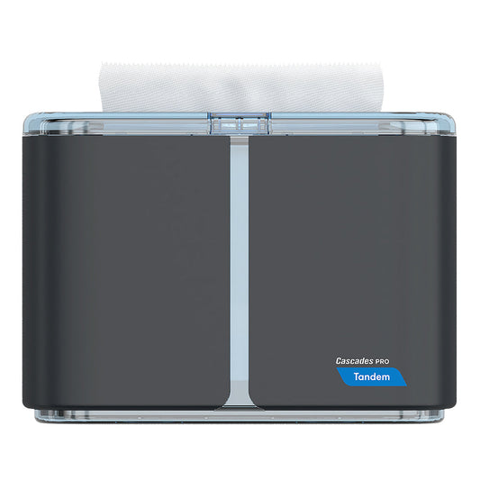 Cascades PRO Tandem Multifold Dispenser Dark Gray Hand Towel Countertop 1 / cs — Reference photo supplied by Cascades PRO for this product family. Pictured size, sheet format, color, packaging and quantity may differ. Paper shown in dispensers and display accessories are not included unless listed. Refer to this listing for supplied specifications.