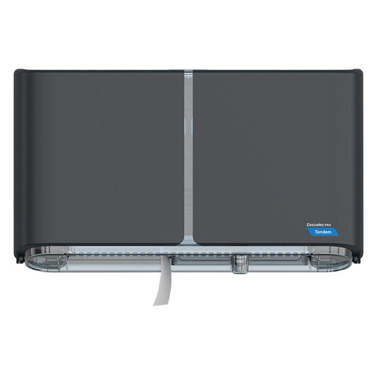 Cascades PRO Tandem Toilet Paper Dispenser Dark Gray Jumbo Double Roll 1 / cs — Reference photo supplied by Cascades PRO for this product family. Pictured size, sheet format, color, packaging and quantity may differ. Paper shown in dispensers and display accessories are not included unless listed. Refer to this listing for supplied specifications.