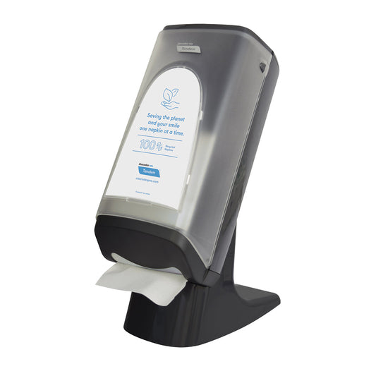 Cascades PRO Tandem Interfold Napkin Dispenser Grey, Stand / Wall 1 / cs — Reference photo supplied by Cascades PRO for this product family. Pictured size, sheet format, color, packaging and quantity may differ. Paper shown in dispensers and display accessories are not included unless listed. Refer to this listing for supplied specifications.