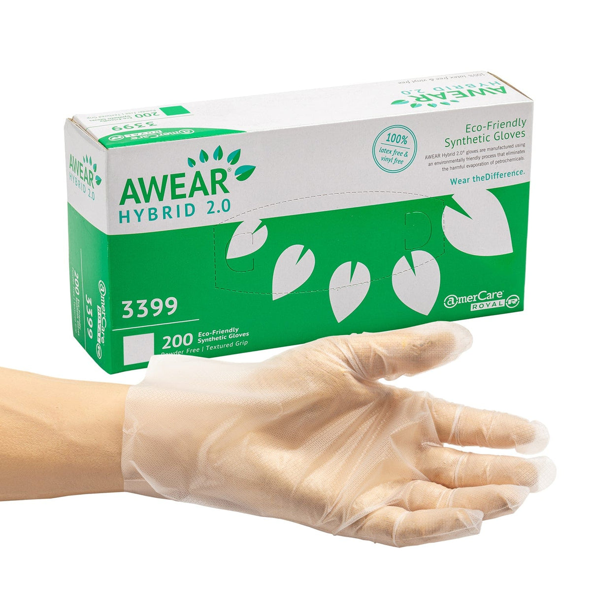 AmerCareRoyal AWEAR Glove Hybrid Medium Clear Synthetic Powder-Free 5 / 200 cs; supplier reference photo; see photo reference in description