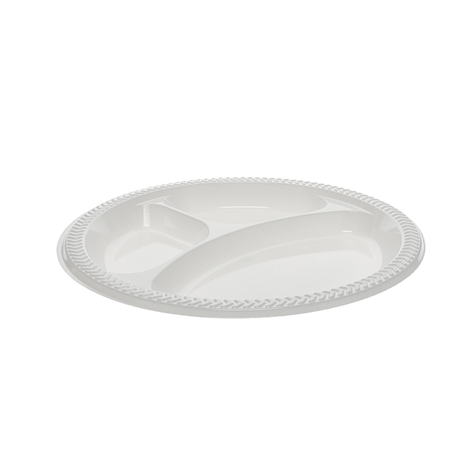 Novolex - Pactiv 9" White 3 Compartment Plate Impact Plastic Tableware 4 / 100 cs; manufacturer item reference photograph