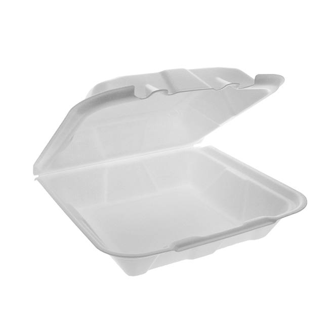 Novolex - Pactiv 9x9x3.5 White Economy Foam Hinged 1 Compartment Dual Tab Container 150 / cs; manufacturer item reference photograph