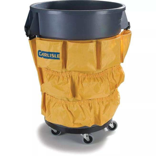 Reference image: CFS Carlisle Bronco tool-caddy bag family photo showing the yellow bag fitted around a waste bin. This listing supplies the tool-caddy bag only, in the stated quantity; the waste bin, lid, dolly, cleaning tools and other accessories are not included. Fit and dimensions are as listed above.