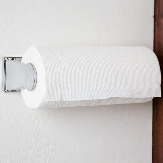 Reference image: San Jamar T451 household-roll holder family photo showing the chrome holder with a paper-towel roll installed. This listing supplies the stated white metal holder only; finish and design may differ from the reference, and the paper-towel roll and wall are not included. Specifications and quantity are as listed above.