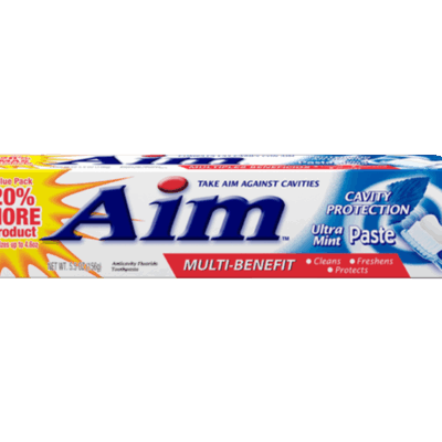 Church & Dwight AIM Cavity Protection Toothpaste 5.5 oz. 4 / 6 cs — Representative photo of the same brand and product type. Pictured size, scent, formulation, packaging and quantity may differ. Refer to this listing and the supplied product label for specifications and use instructions.