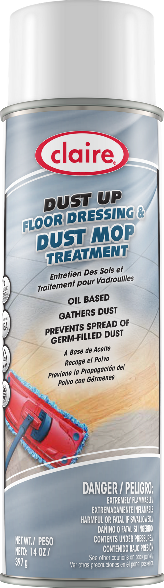 Claire CL875 DUST UP Mop Treatment 20 oz Lemon Scent 12 / cs; Representative photo of the same brand and product type. Product line, formula, scent, size, packaging and pack quantity shown may differ; this listing's specifications apply.