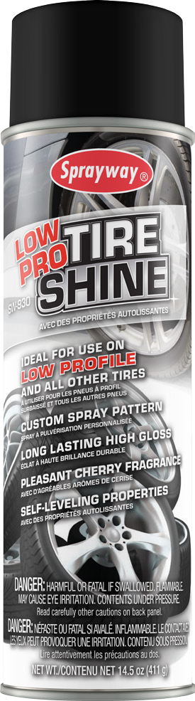 Claire Sprayway Low Pro Tire Shine 20 oz / 14.5 oz Net , Aerosol 12 / cs; Representative photo of the same brand and product type. Product line, formula, scent, size, packaging and pack quantity shown may differ; this listing's specifications apply.