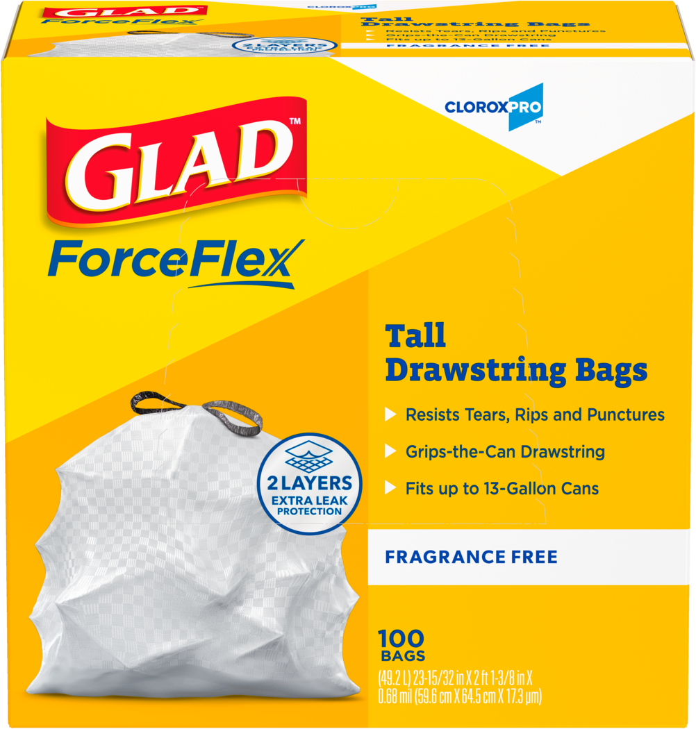 Clorox Glad ForceFlex Tall Drawstring Bag, 13 Gallon , Fragrance Free 3 / 110 cs — Representative photo of the same brand and product type. Pictured size, model, scent, formulation, color, packaging and quantity may differ. Refer to this listing and the supplied product label for specifications and use instructions.