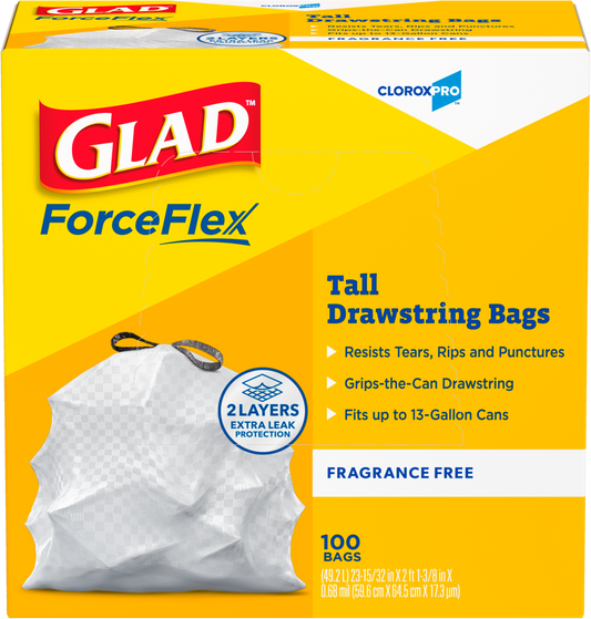 Clorox Glad ForceFlex MaxStrength Trash Bags, 13 Gallon 34 Count 6 / cs — Representative photo of the same brand and product type. Pictured size, model, scent, formulation, color, packaging and quantity may differ. Refer to this listing and the supplied product label for specifications and use instructions.