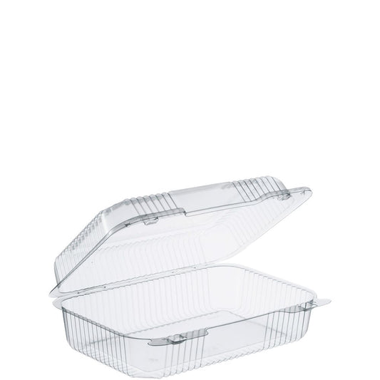Dart PET40UT1 - 9 x 7 in Medium PET Plastic High Dome Hinged Lid Container - Clear; manufacturer catalog photo.