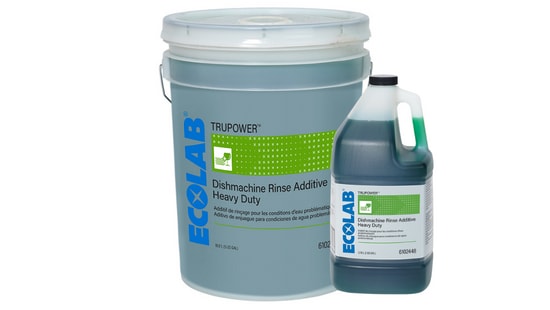 Ecolab rinse aid reference photo; pictured formula, labels, model, size and packaging may differ. See listed supplied item.