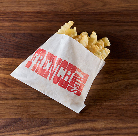 Fischer Printed French Fry Bag 4 1/2" x 3 1/2" White w/ Red Prt 10 / 1000 cs — Manufacturer reference photo of this Fischer bag. Pictured size, material, printing and pack quantity may differ. Food, holders and display accessories are not included; refer to this listing for supplied specifications.