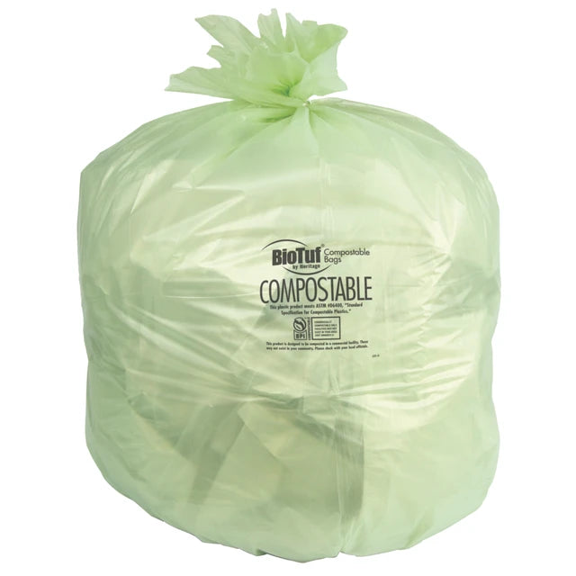 Heritage BioTuf green compostable can-liner reference photo; bag size, thickness and pack quantity may differ.