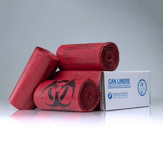 IBS 40x48 16 mic Red Biohazard Can Liner 250. Representative Inteplast red HDPE biohazard liner. Dimensions, thickness and case quantity vary by selected item.