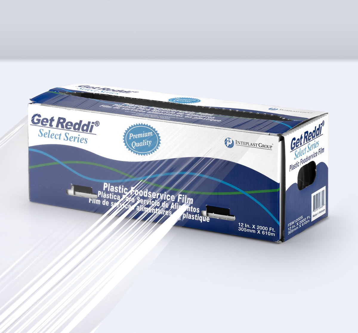 IBS Clear Food Film w/ Cutter Box 18" x 2000' Select Series .40 Mil 1 / cs. Representative Inteplast Get Reddi Select Series food film. Dimensions, gauge, size label and pack quantity may differ; use the selected product specifications.