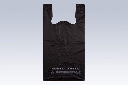 IBS 11.5" x 6" x 22" HDPE T-Shirt Bag 14 Mic Black Film 1000 / cs. Representative Inteplast stock T-shirt bag. Only the size, gauge and case quantity named in this listing are supplied; print layout and packaging may vary.