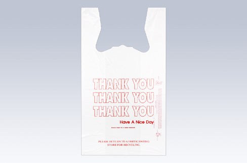 IBS 1/6 Thank You Red Print White T-Shirt Bag 850 / cs. Representative Inteplast stock T-shirt bag. Only the size, gauge and case quantity named in this listing are supplied; print layout and packaging may vary.