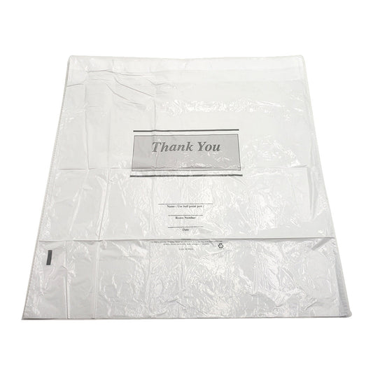 IBS 19x21 1mil White Hotel/Motel Draw Tape Bag 'Thank you' 10 / 50 cs. Distributor photo of Inteplast DTM1921W white Thank You hotel/motel draw-tape bag. Printing layout and packaging may vary.