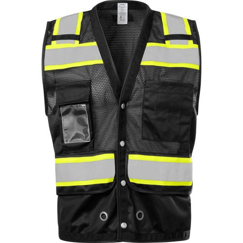 BLACK SAFETY VEST, SNAP CLOSURE, 7 POCKETS, REFLECTIVE TAPE