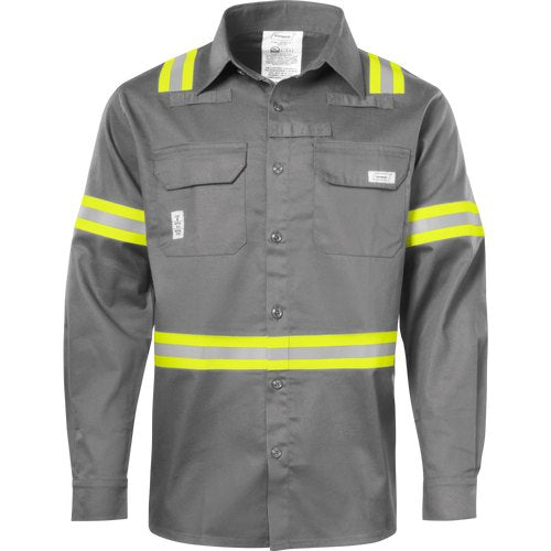 GREY, 7OZ, FLAME RESISTANT, BUTTON DOWN, LONG SLEEVE SHIRT, WITH REFLECTIVE TAPE