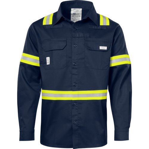 NAVY 7OZ FLAME RESISTANT BUTTON DOWN LONG SLEEVE SHIRT WITH REFLECTIVE TAPE SM