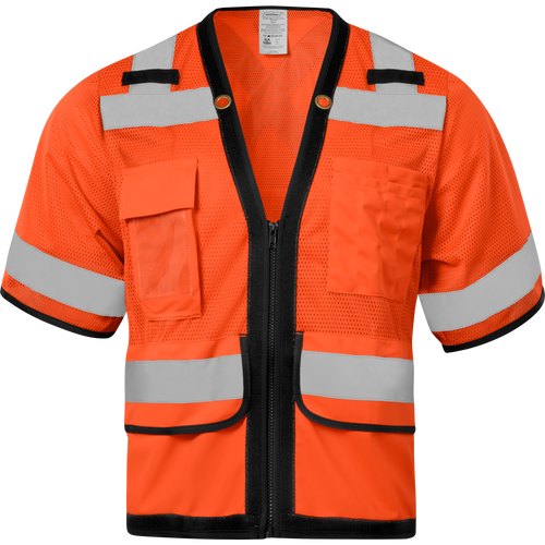 ORANGE MESH SAFETY VEST, 12 POCKETS, CLEAR ID HOLDER
