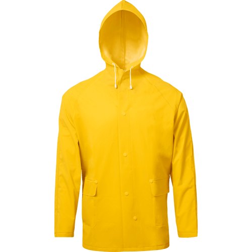 YELLOW, 32", RAINWEAR JACKET, ATTACHED HOOD, ZIPPER FRONT, .35MM PVC OVER POLYESTER
