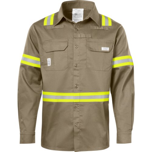 KHAKI 7OZ FLAME RESISTANT BUTTON DOWN LONG SLEEVE SHIRT WITH REFLECTIVE TAPE 2XL