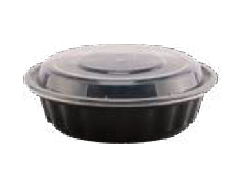 Reference image: Black Kari-Out round microwaveable container with clear lid is pictured as a product-type reference. Model, capacity, depth, dimensions and case quantity follow this listing.