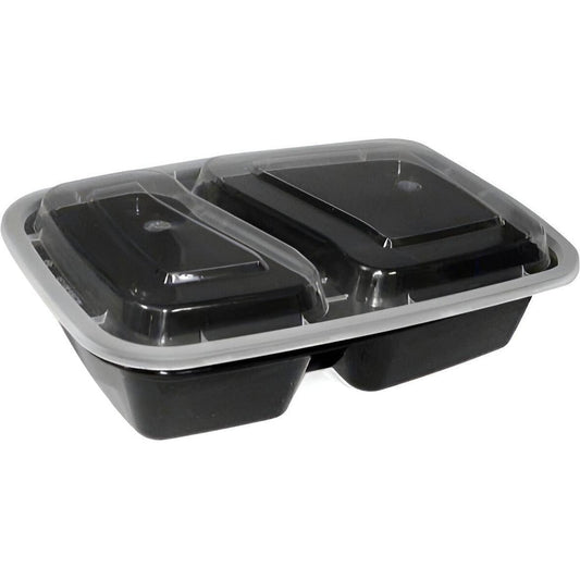 Reference image: Kari-Out MT2850B two-compartment black container and clear lid are pictured. Listed dimensions, capacity and case quantity apply.