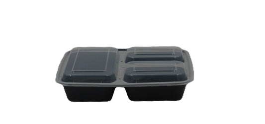 Reference image: Kari-Out MT3350B three-compartment black container and clear lid are pictured. Listed capacity, dimensions and case quantity apply.