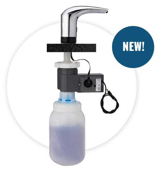 Reference image: Current Kutol TOPFILL No Touch counter-mount dispenser assembly is pictured. Installation surface, soap and accessories are illustrative; only components stated in this listing are supplied.