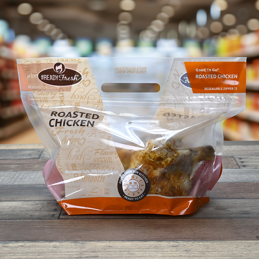 Elkay Plastics Med Rotisserie Chicken Pouch Bags 2.6 Mil, 12.75" x 8" + 5.5" 250 / cs. Distributor reference photo for the listed SKU. Food and accessories pictured are not included. Packaging and presentation may vary.