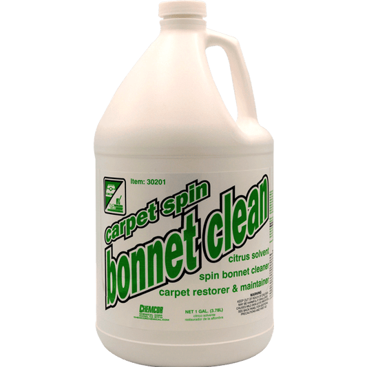 Reference image: Chemcor Carpet Spin Bonnet Cleaner – Citrus, 1:4 Concentrate, Fast-Dry, 4-Gallon Case. Same product type; formula, concentration, scent, size and pack quantity may differ. The title and listed specifications describe the item offered. Follow the actual product label for use and safety directions.