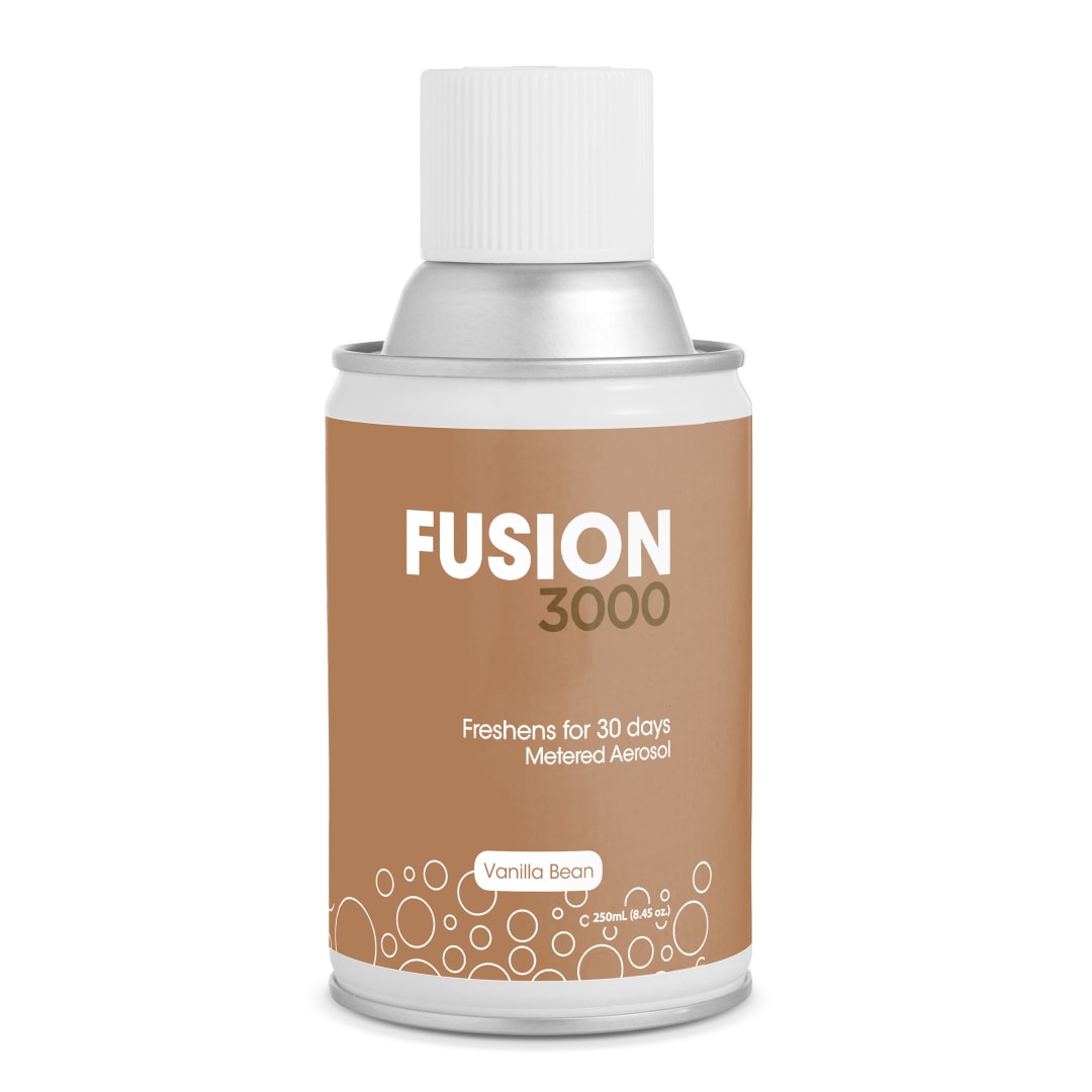 Manufacturer photo for MAIR-F-000I012M-76: Fusion 3000 aerosol refills Vanilla Bean (12 Pack). This listing is for Fresh Products Fusion Metered Air Freshener Vanilla Bean Scent 12 / cs. The photograph illustrates the item; the listing title specifies the sale quantity. Manufacturer case packaging or pictured quantity may differ. Dispensers, batteries, and accessories are included only when stated in this listing.