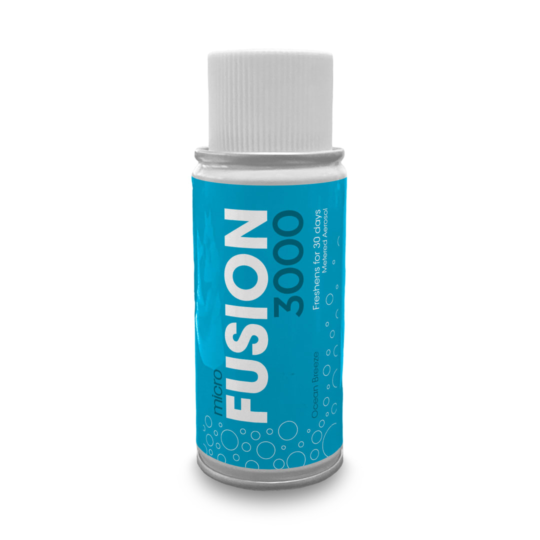 Manufacturer photo for MIC-F-000I024M-06: Micro Fusion 3000 aerosol refills Ocean Breeze (24 Pack). This listing is for Fresh Products Fusion Metered Aerosol refills 30-day, 3.38 oz, Ocean Breeze scent 24 / cs. The photograph illustrates the item; the listing title specifies the sale quantity. Manufacturer case packaging or pictured quantity may differ. Dispensers, batteries, and accessories are included only when stated in this listing.