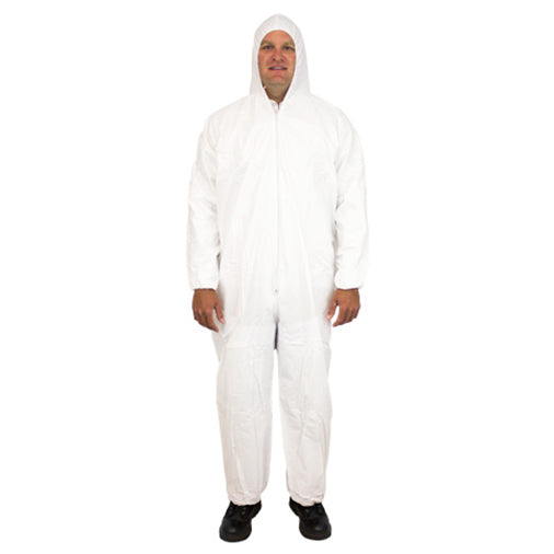 Manufacturer photo reference for M1028-3X: Safety Zone® ProMax® Coveralls w/ Zip Front, Attached Hood, Elastic Wrists & Ankles, White, 25/cs – 3XL. The listing title specifies the item size and sale quantity; source packaging or pack quantity may differ. Accessories or contents shown are not included unless stated in this listing.