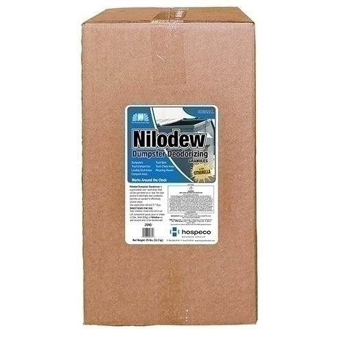 Reference image only: Nilodor Dumpster Deodorizer in carton packaging. The listing specifies a 25 lb pail; actual packaging and listed specifications may differ from this manufacturer reference image.