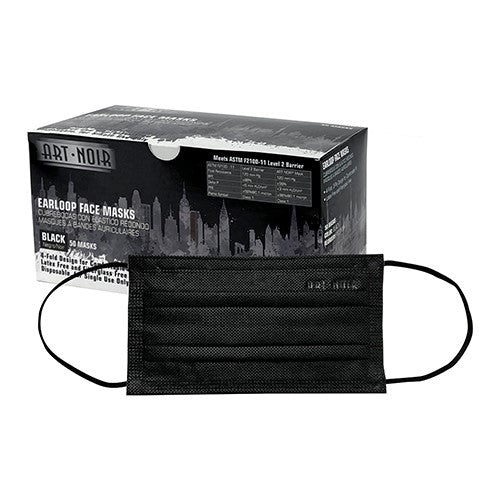 Manufacturer photo reference for FEL110BK. This listing is for Hospeco Art Noir Earloop Face Mask Black , 3-Ply , 4-Fold 10 / 50 cs. The listing title specifies the item size and sale quantity; manufacturer packaging or pictured quantity may differ. Accessories or contents shown are not included unless stated in this listing.