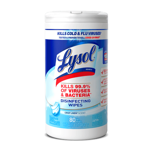 Reference image: LYSOL® Disinfecting Wipes - Crisp Linen® 80 ct.. Size, scent, formula, packaging and case quantity may differ. The title and listed specifications describe the item offered; follow its label for use and safety.