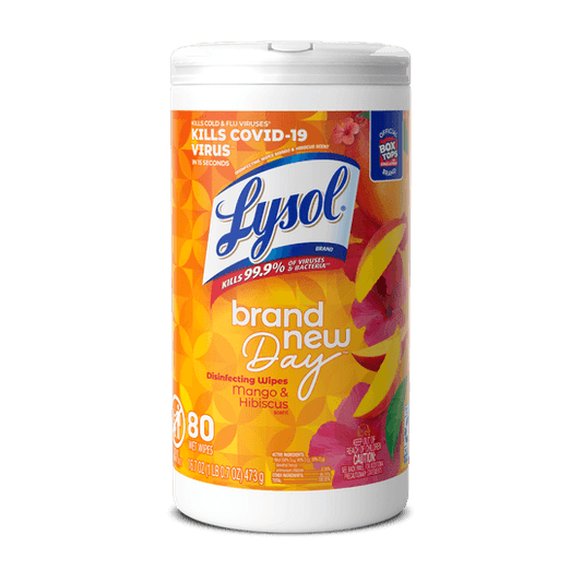Reference image: LYSOL® Disinfecting Wipes - Brand New Day™ Mango & Hibiscus 80 ct.. Size, scent, formula, packaging and case quantity may differ. The title and listed specifications describe the item offered; follow its label for use and safety.