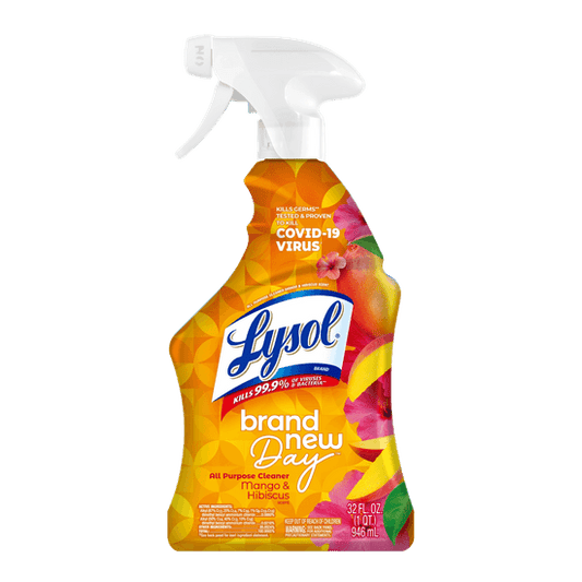 Reference image: LYSOL® All Purpose Cleaner - Trigger Brand New Day™ Mango & Hibiscus 32 oz.. Size, scent, formula, packaging and case quantity may differ. The title and listed specifications describe the item offered; follow its label for use and safety.
